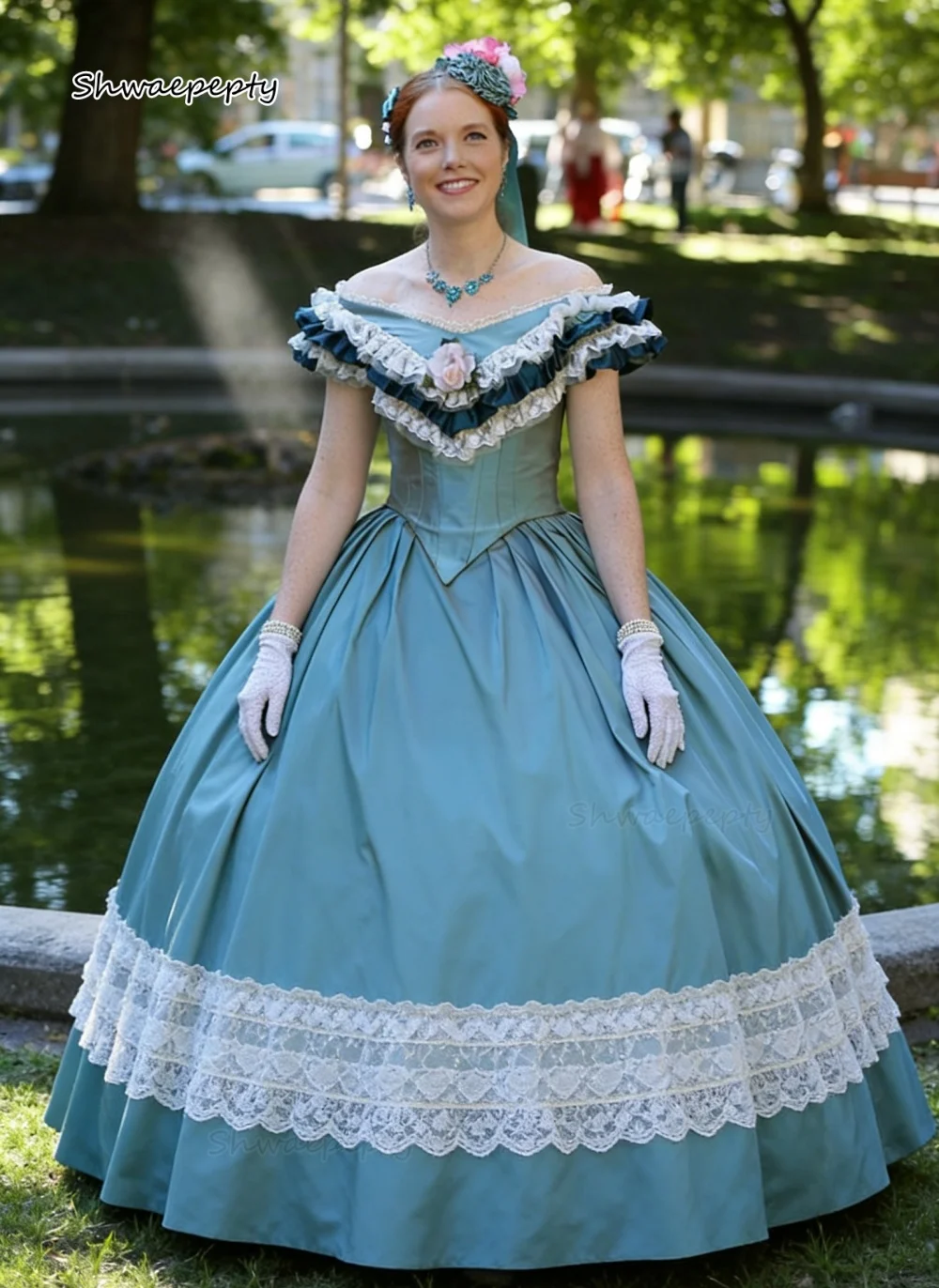 Historisches viktorianisches Ballkleid aus den 1860er Jahren, Bürgerkrieg, Ballkleid, Prinzessinnen-Abendkleider, schulterfrei, langes formelles Kleid, individuell gestaltet