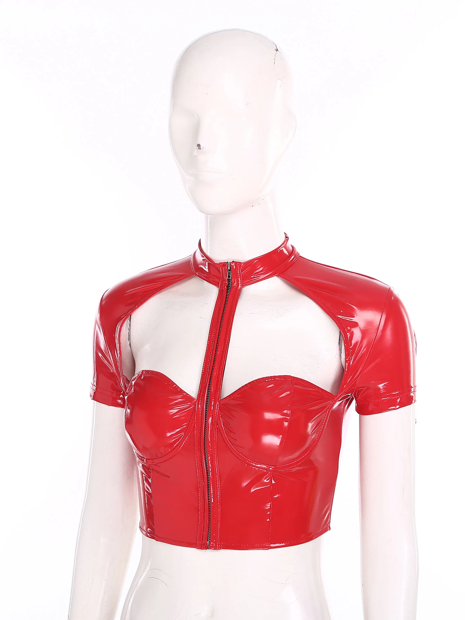 

Women Wet Look PU Leather Cropped Top Push-up Underwire Cutout Tank Tops Short Sleeve Sexy Cutout Glossy Vest for Party Clubwear