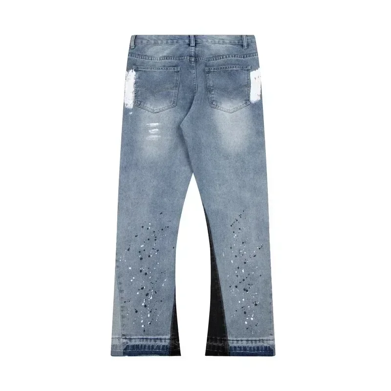 Pantalones vaqueros holgados de moda para hombre y mujer, estilo urbano americano, con parches de tinta salpicada, teñido anudado, corte recto, ajustado, micro acampanados