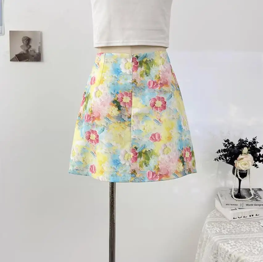 Spring high waist slimming A-line wrapper hip short skirt sweet and spicy style colorful oil painting printed skirts for women