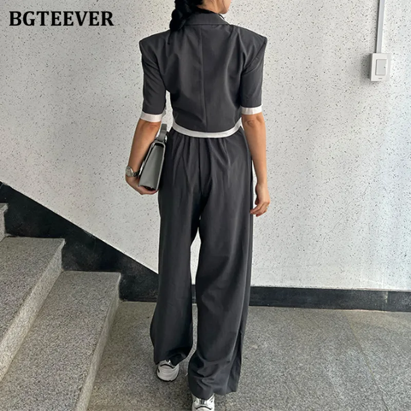 BGTEEVER Women\'s Summer Trouser Suit Elegant Blazer 2 Pieces Sets High Waist Wide Leg Pants Patchwork Jacket Outfits Ladies