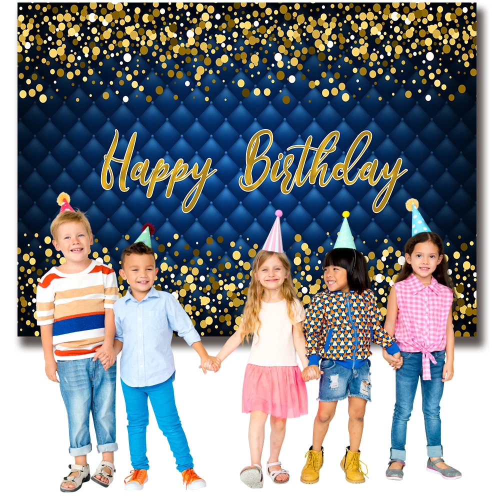 Bonvvie Gold Glitter Happy Birthday Backdrop Adult Dark Blue Heardboard Background for Photo Studio Photocall Diamond Decoration