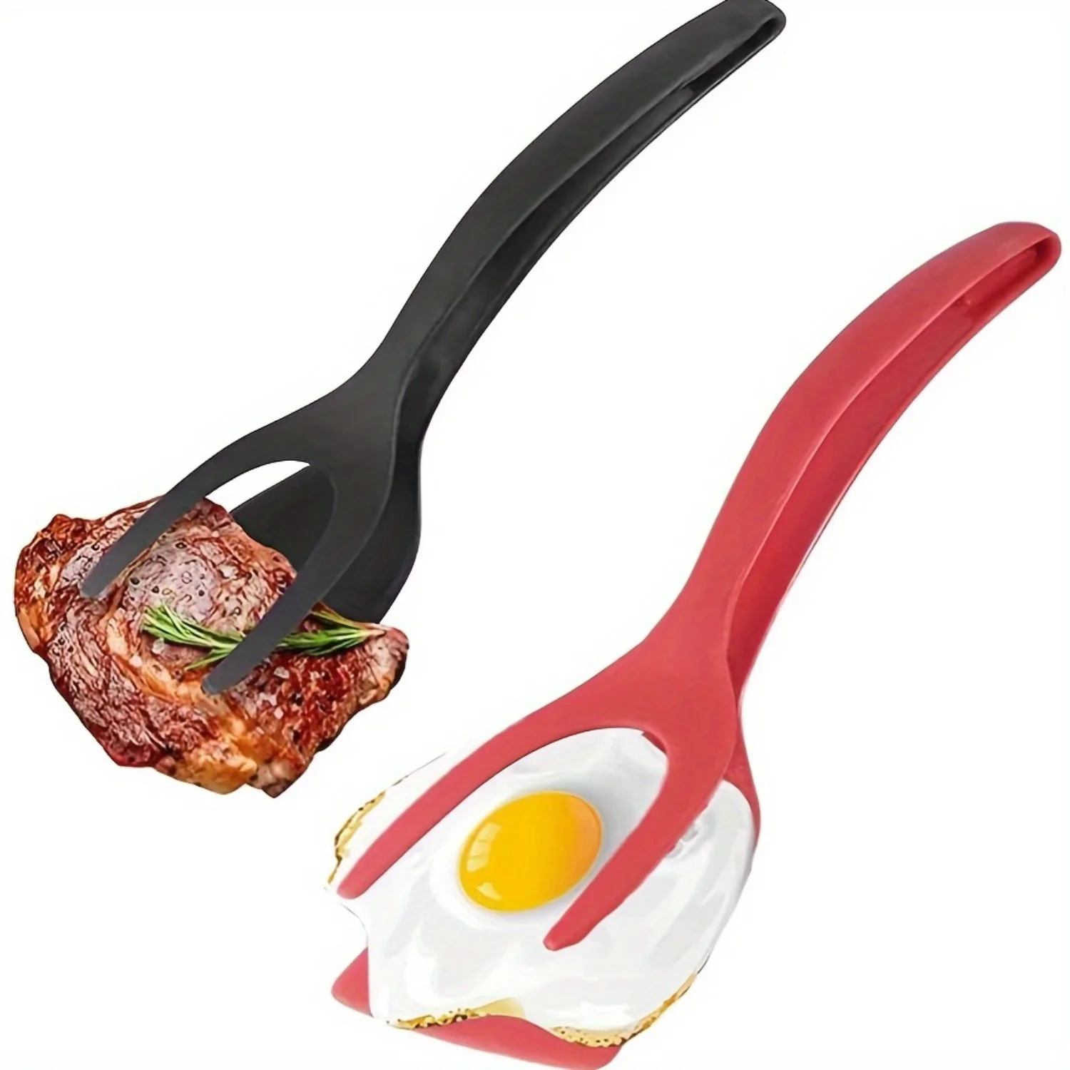 2pcs, Silicone Flip Spatula And Food Tongs, Egg Flipper, Toast Turner, 2 In 1 Steak Spatula And Pan Flipper Tongs, Kitchen Stuff