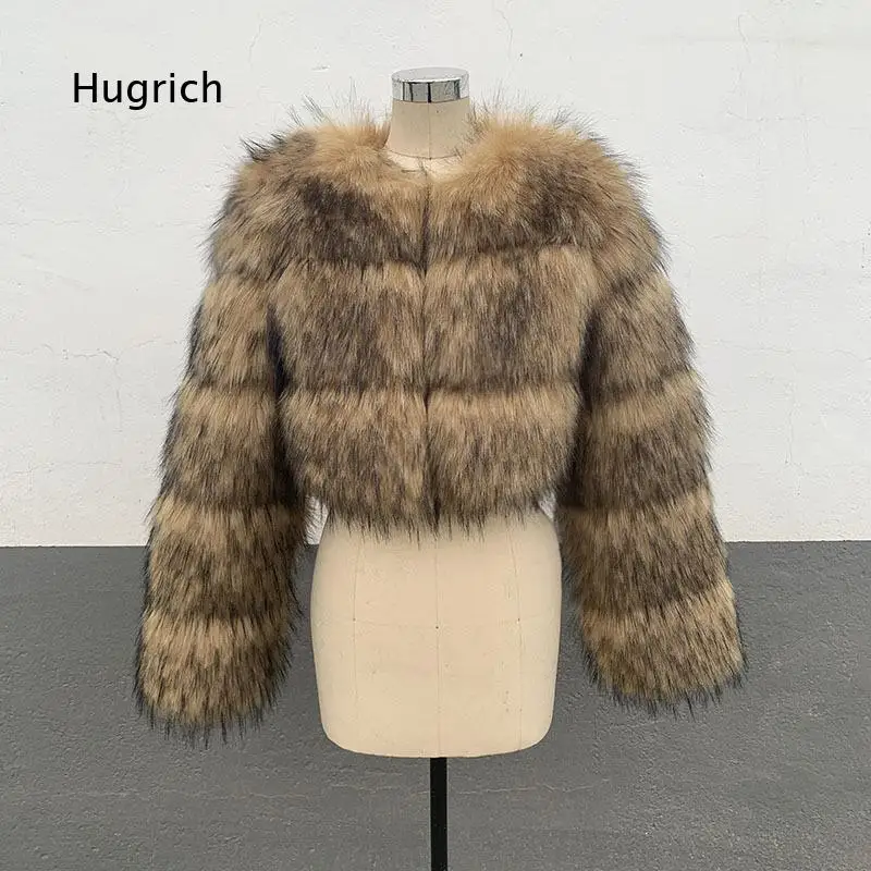 Faux Raccoon Fur Coat Winter Womens Round Neck Warm Faux Leather Jacket Outerwear Fashion Streetwear Daily Wear Soft Texture Th