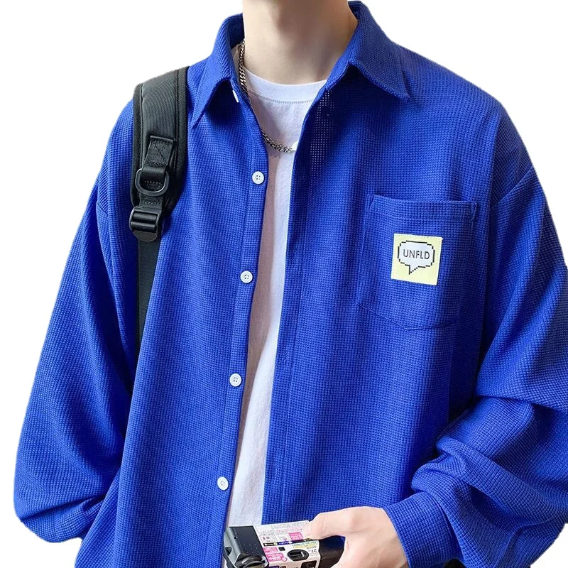 Klein Blue Shirt For Men Spring Autumn Long-sleeved Waffle Men Jacket  Loose Fashion Breathable Men Clothing B0079