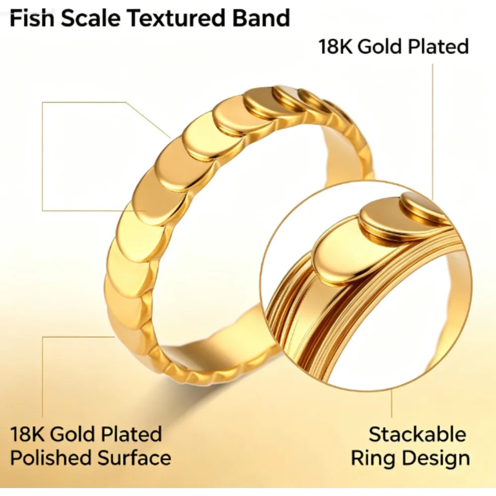 Minimalist Light Luxury Fish Scale Textured Ring for Women, 18K Gold Plated Stainless Steel Ins Style Stackable Finger Jewelry