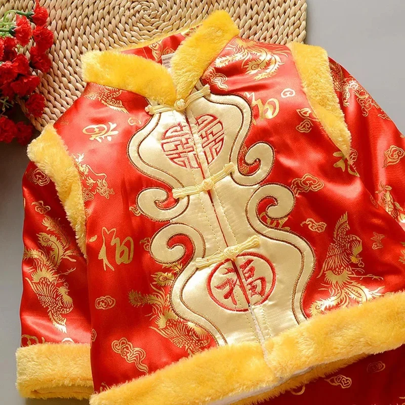 Tang terno traje tradicional chinês para bebês recém-nascidos meninos meninas bordado inverno vermelho presente de aniversário de ano novo sapatos de natal