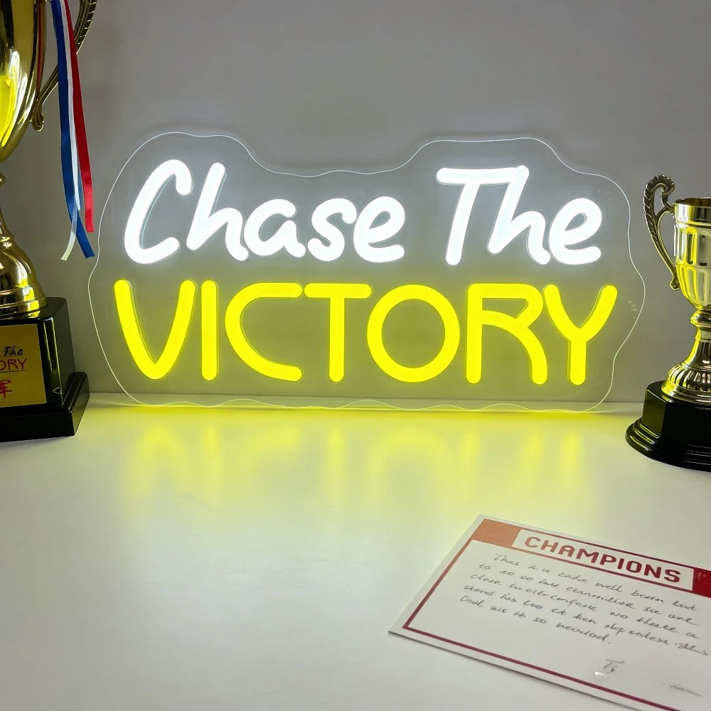 

Неоновая LED-вывеска Chase The Victory бело-желтого цвета с USB-питанием и регулировкой яркости, настенный светильник для спортзала, офиса, спортивной комнаты, декор для награждения чемпионов