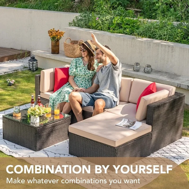5-Piece All-Weather Outdoor Sectional Sofa Set with Cushions, Manual Weaving Wicker Rattan Patio Seating