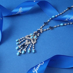 Trendy Turquoise Zircon Long Necklace Earring Bracelet Ring Jewelry Sets for Women Party Luxury Wed Jewellery Accessories