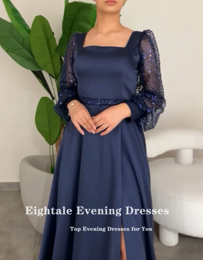 Eightale Navy Blue Evening Dress Long Sleeves Sequined A-Line Belt Side Slit Satin Prom Wedding Party Gowns  Hochzeitspartykleid