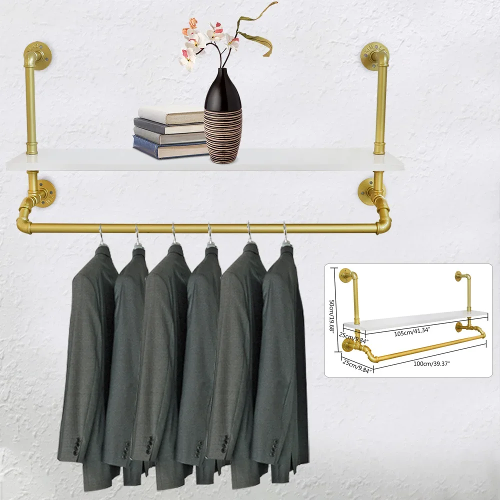 Gold Clothes Rack Wall Mounted Industrial Pipe Garment Rack With Shelves Closet Rods For Living Room Studio