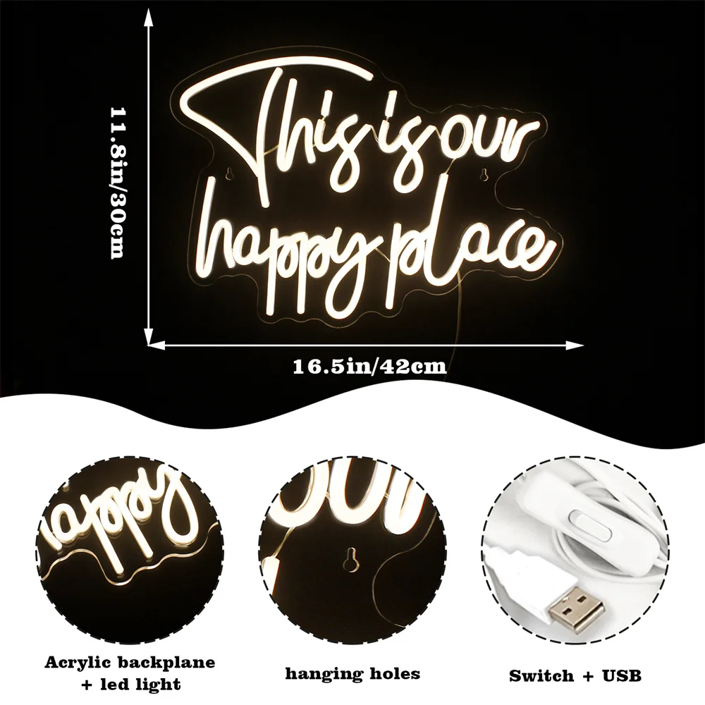 Imagem -03 - Este é o Nosso Happy Place Neon Led Sign Letter Wall Decor Lights Wedding Party Decoração do Quarto Dimmable Lâmpada para o Quarto Bar Clube