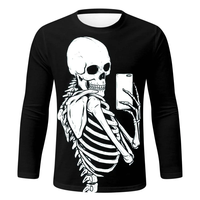 

Men's Street Style Skull Graphic 3D Printing Long Sleeve T-shirt Spring And Autumn Casual Loose Tees Trendy Harajuku Y2k Clothes