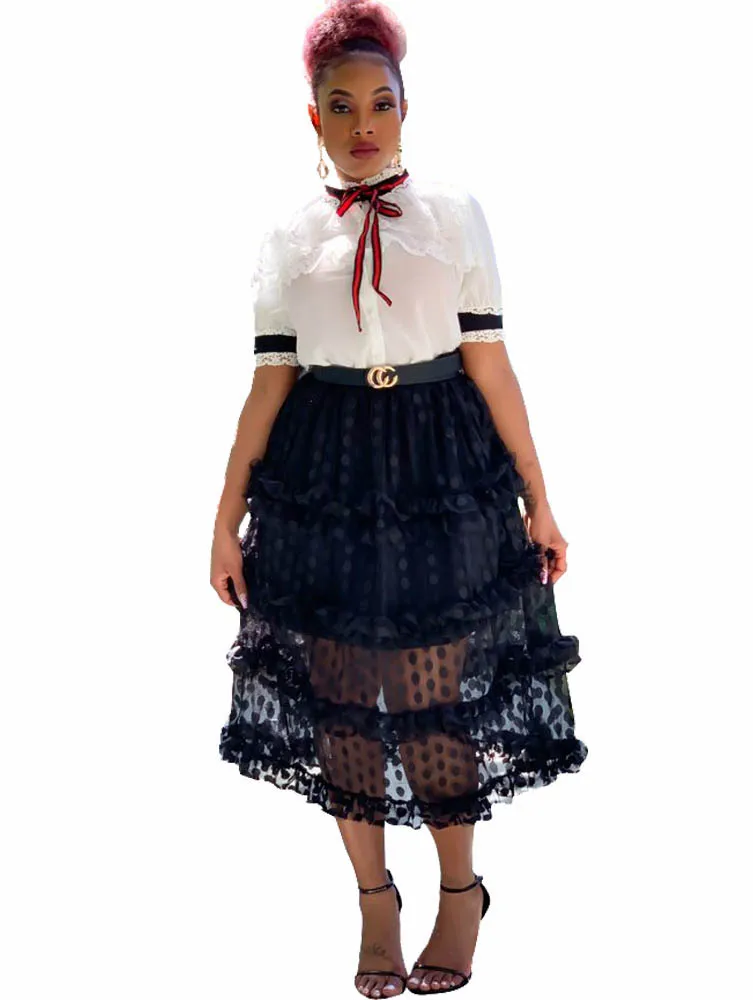 Women's Skirt  Summer 2024 New Fashion Sex Wave Dot Mesh Half Skirt A-line Chic And Elegant Solid Color Loose Woman Skirt