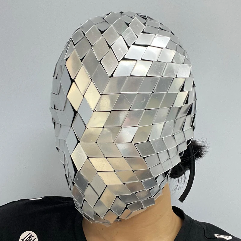 Pełna Srebrna Maska z Lusterek Seksowny Strój do Tańca Gogo Kostium na Halloween Klub Nocny Bar Dj Ds Akcesoria do Występów Scenicznych Nakrycie Głowy XS10342