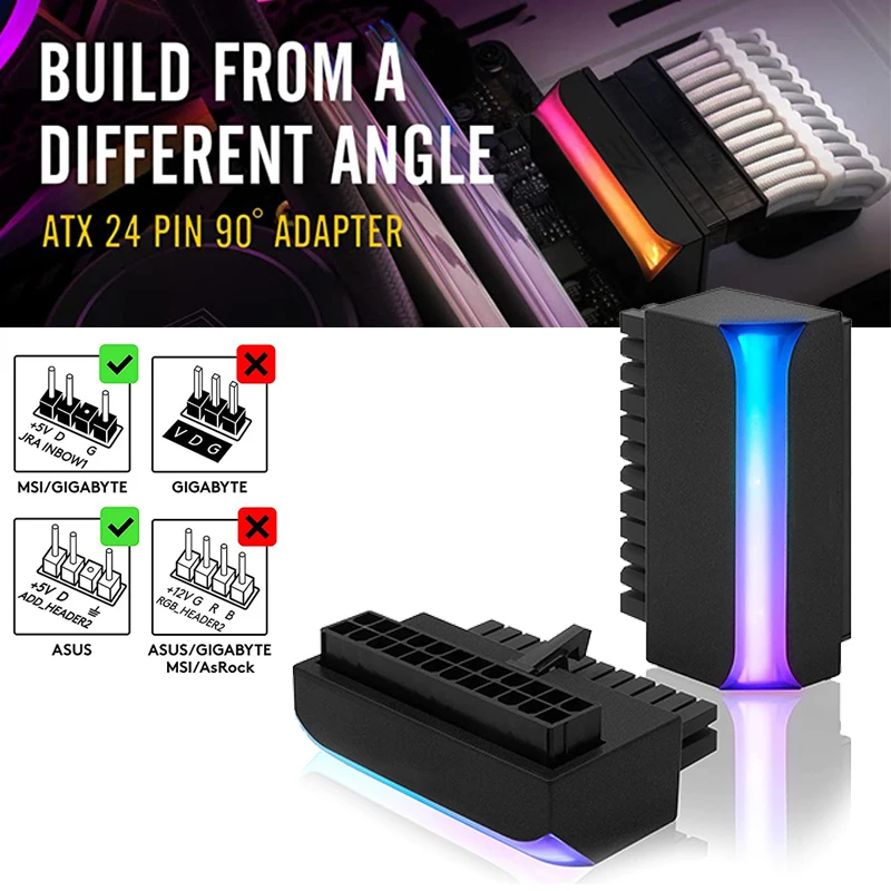 TEUCER ZA-1 ATX 24 핀 플러그 어댑터, ARGB 마더보드 전원 공급 장치 케이블 커넥터, 모듈식 DIY 장착 액세서리, 90 도