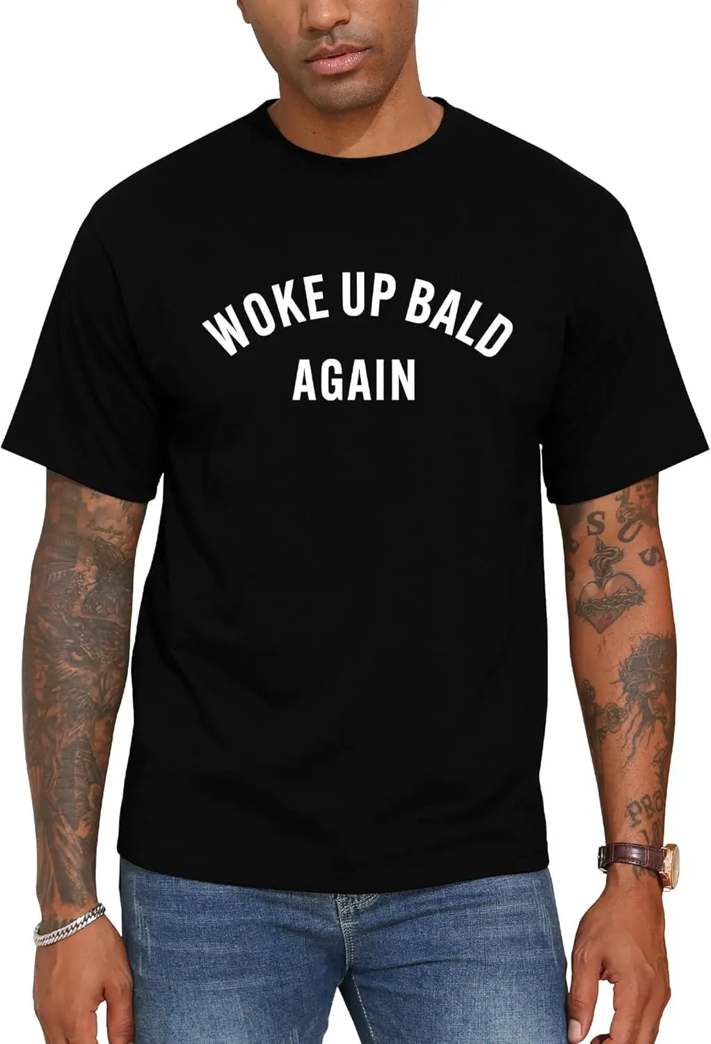 Men's Short Sleeve Top | Woke Up Bald Again Humorous Funny Graphic Tee. 100% Cotton Trendy Y2K Short-Sleeve Tee – Soft,