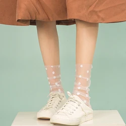 Koreański Polka Dot tiul skarpetki damskie przezroczysta przezroczysta Ultra-cienka, długa skarpetki damskie szyfonowa śmieszne skarpety kolana Streetwear calcetines mujer