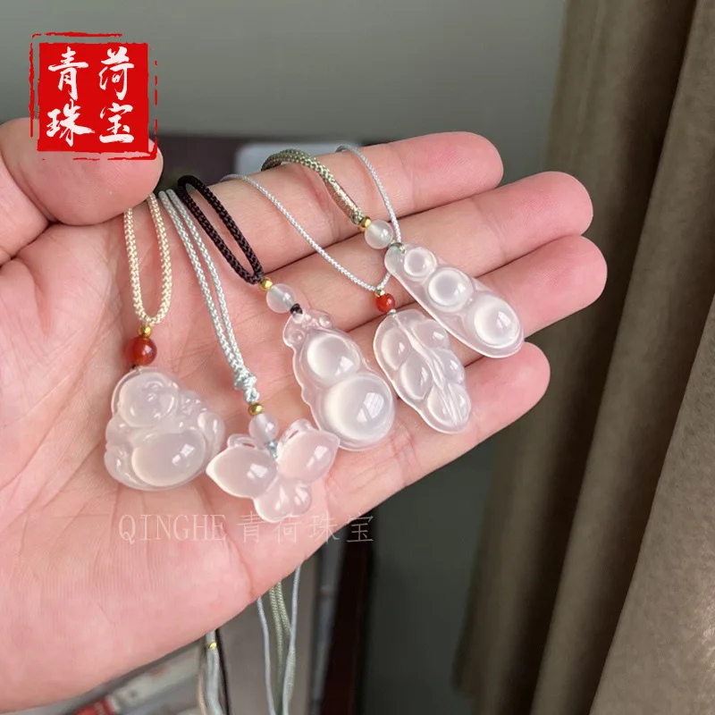 High-quality chalcedony , natural , Laughing Buddha , agate leaf pendant