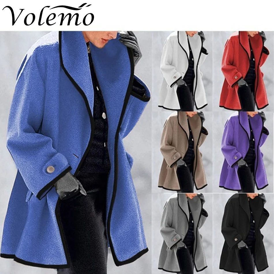 

Volemo 2022 Trench Coat Jacket Single-breasted Mid-Long Women Fashion Casual Long Sleeve Woolen Trench Coat Overcoat 5XL Female