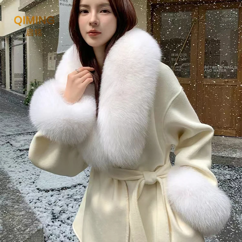 Winter Real Fox Fur Collar Women Large Fur Scarf Suit Fluffy Fur Shawl Fur Cuff Set Luxury Furry Wraps Scarves Coat Jacket Adorn