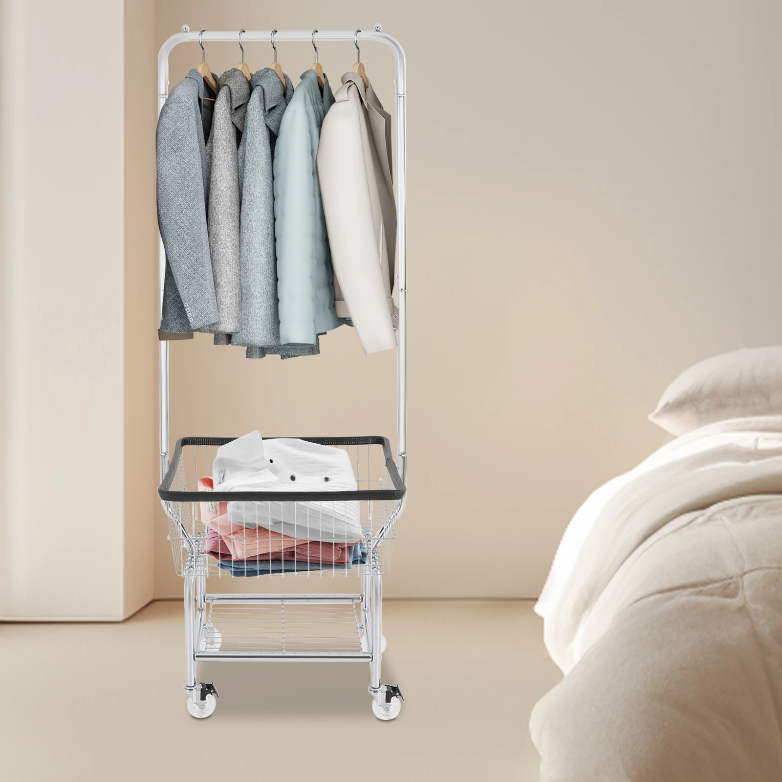 

Black-edged Carbon Steel 50x40x180cm Laundry Cart with Hanging Rack and Movable 3-layer Storage Basket (3 "transparent Wheel)