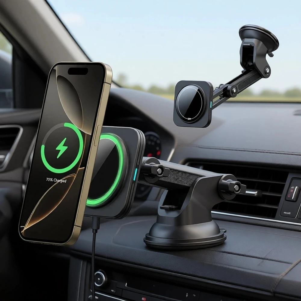 

15W Magnetic Wireless Car Charger Mount Suction Cup Dashboard Fast Charging for iPhone and Android