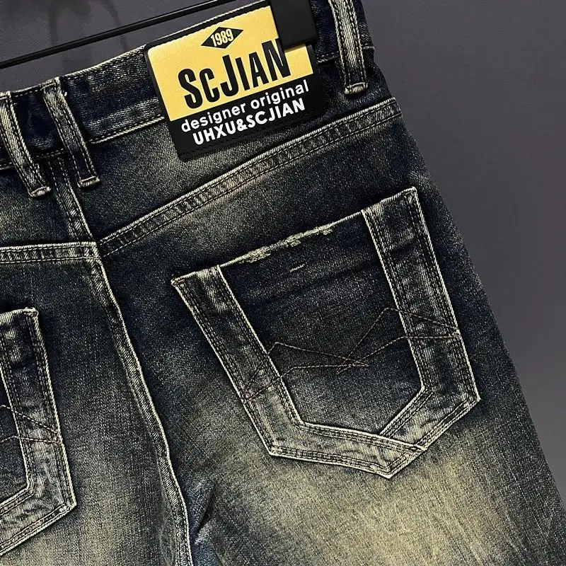 Shorts jeans até o joelho masculino, jeans vintage, calça de vaqueiro, marca high-end, casual, amarelo, luxo, streetwear, tingido com lama