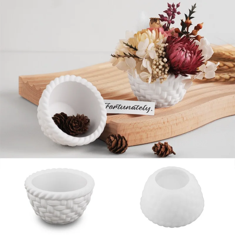 Rural Flower Basket Candle Cup Silicone Mold DIY Gypsum Bamboo Basket Storage Decoration Ornament Resin Mold Handicrafts Casting