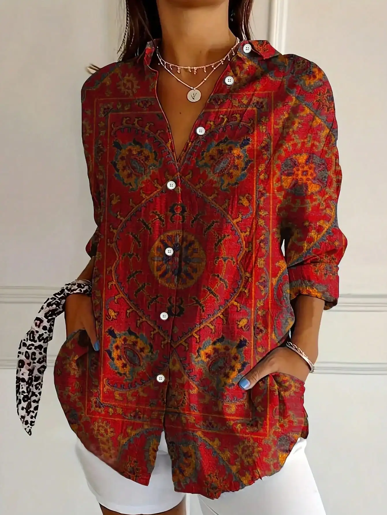 Women's Casual Commuter Shirt Bohemian Geometric Print Long Sleeve Shirt