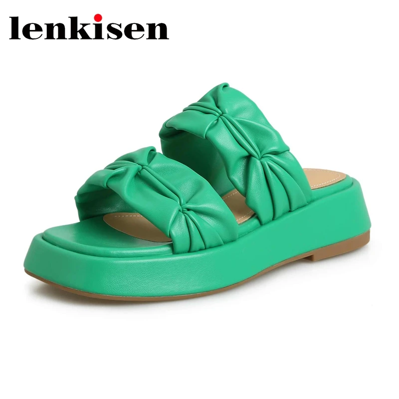 Lenkisen Microfiber Peep Toe Thick Bottom Platform Slides Leisure Fashion Pleated Beauty Lady Basic Women Outside Slippers L29