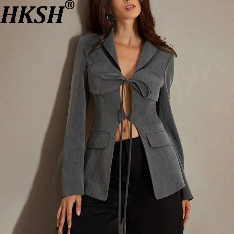 HKSH Autumn New Women Fashion Sexy Blazer Hollow Out Lace-up Waist Cinching Slimming Long Sleeve Elegant High Street Coat HK8667