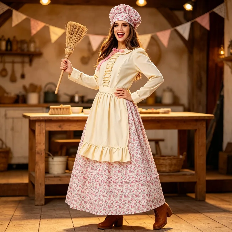Beige Floral Pastoral Maid Farm Dress Halloween Bar Novelty Party Costumes and Props Ladies Dress Accessories Set