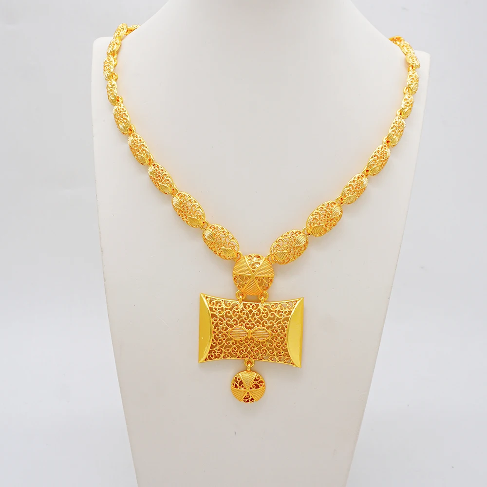 Ethiopia Africa Luxury Gold Color Latest Jewelry Set Wedding Party Exquisite Women Wearing Earrings and Pendant Set