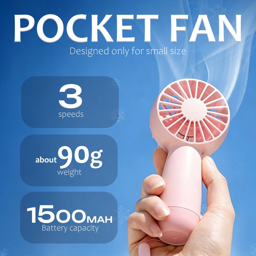 1 Stück 1500mAh Tragbarer Handventilator mit nur 90g Gewicht, Mini-USB-Ventilator, 3-stufiger tragbarer USB-Ventilator für Schule, Outdoor-Nutzung, Camping