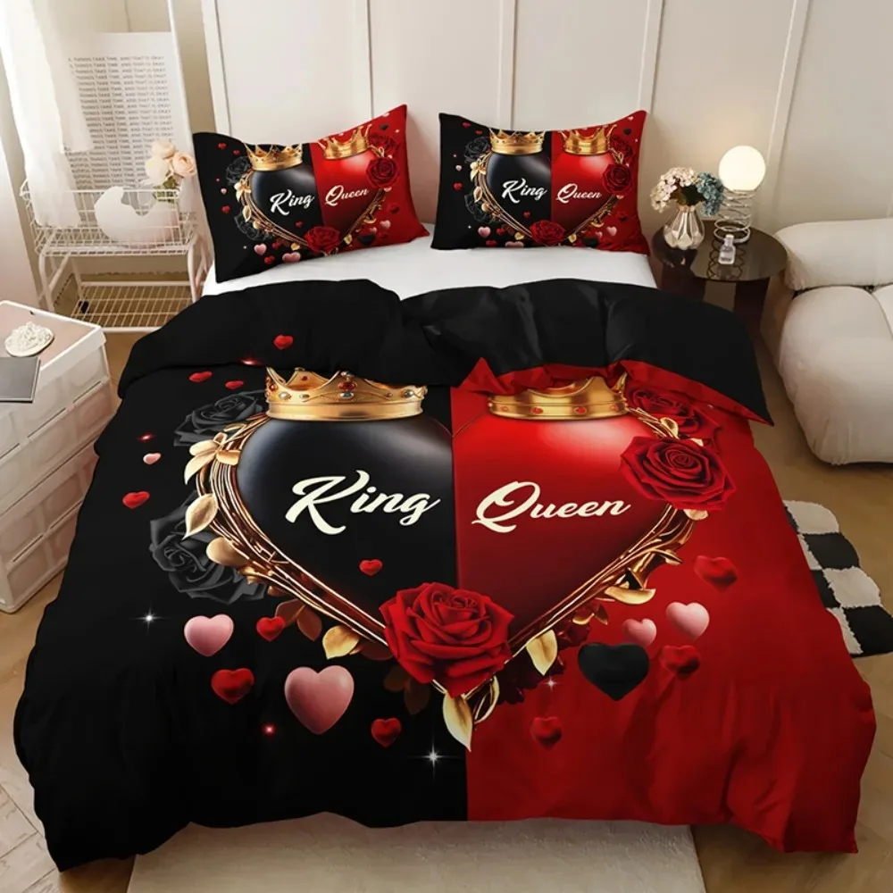 Valentine's Day Duvet Cover Set Romantic Red Love heart King Queen Twin Single Size 228x228 for Couple Bedroom Decor Gift