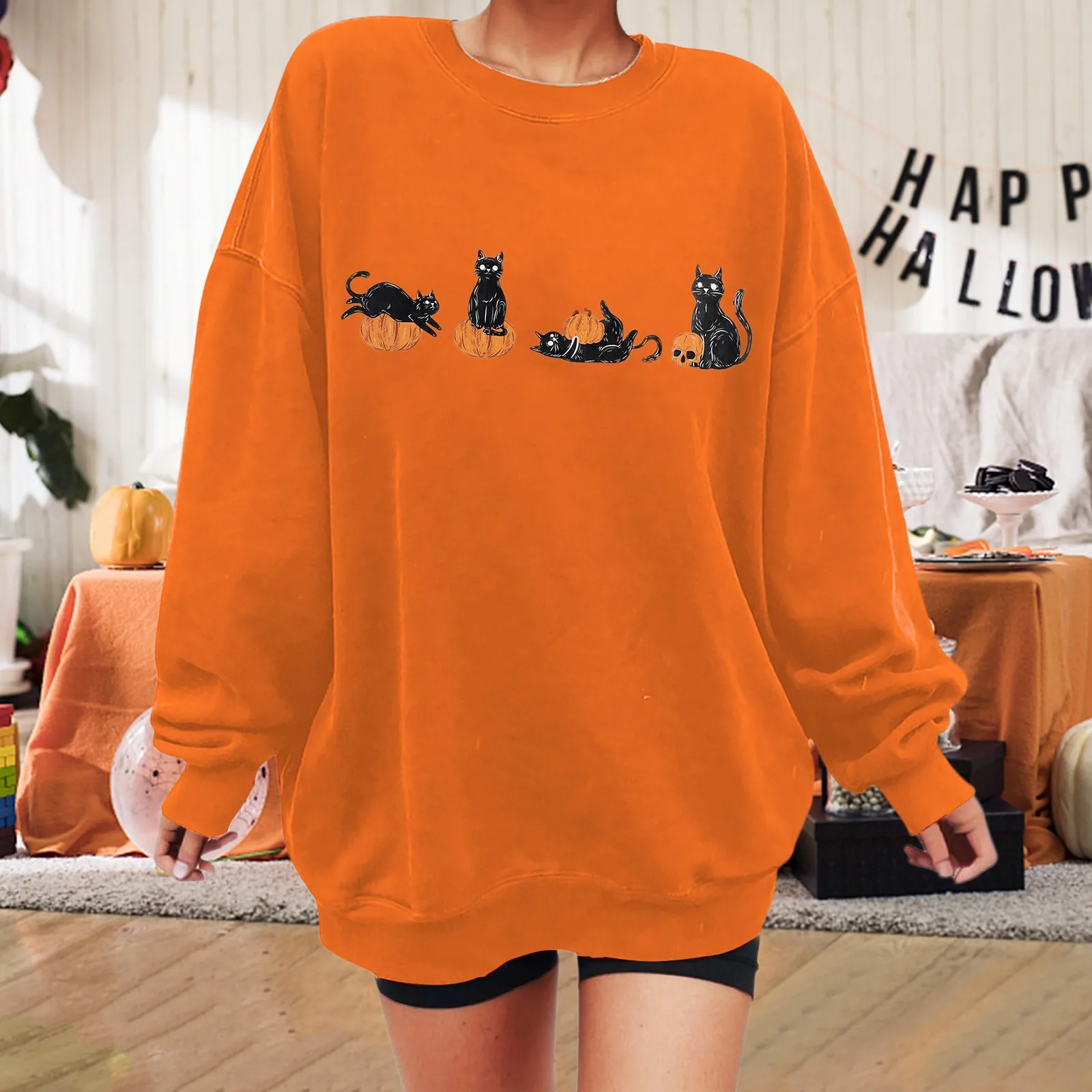 Autumn Oversized Casual Sweatshirt for Women Halloween Graphic Print Pullover Warm Long Sleeves O-Neck Top Female Fashion Hoodie