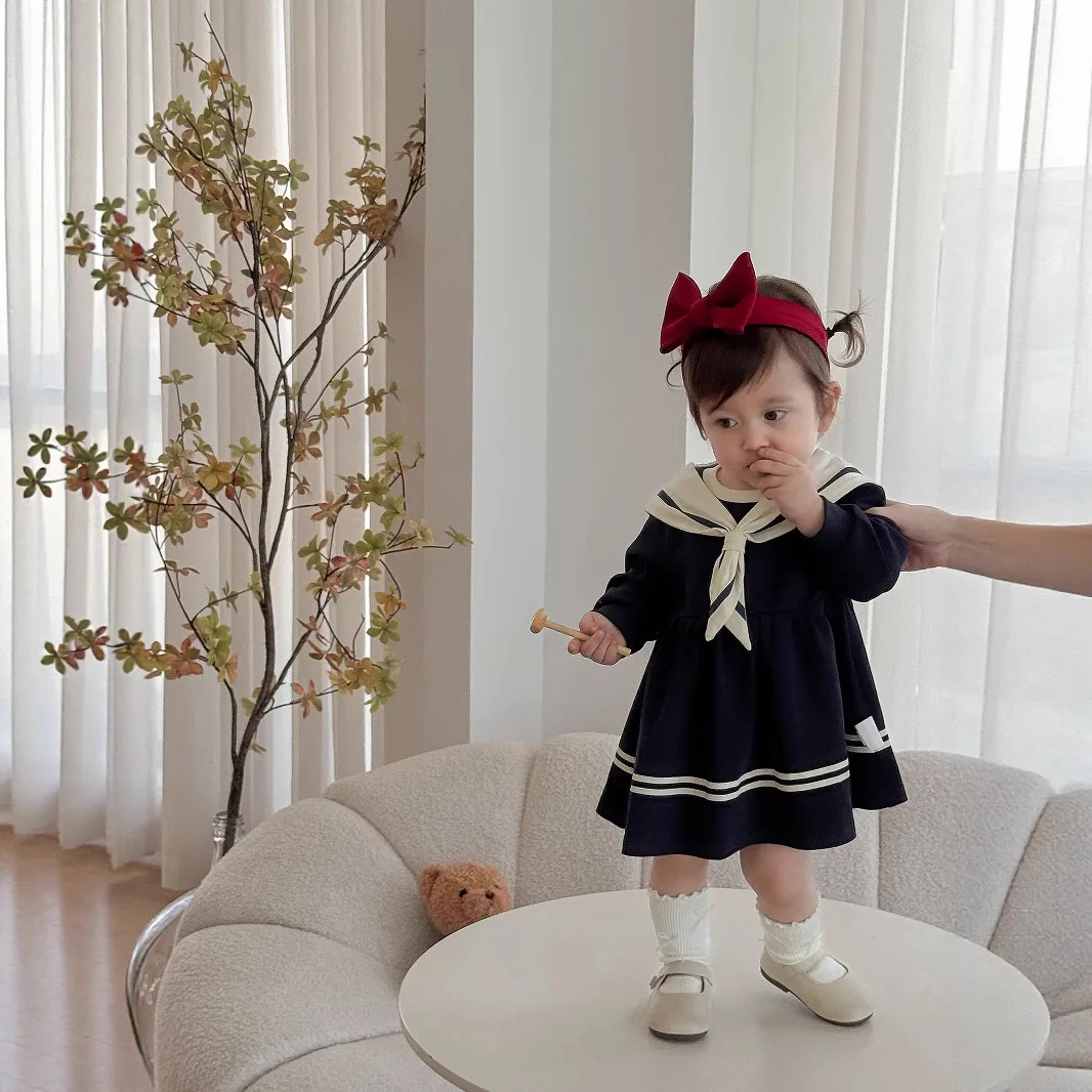 Girls' College Skirt 2025 New Autumn Korean Baby Girl's Lapel Dress 0-5Year Kid's Princess Dress