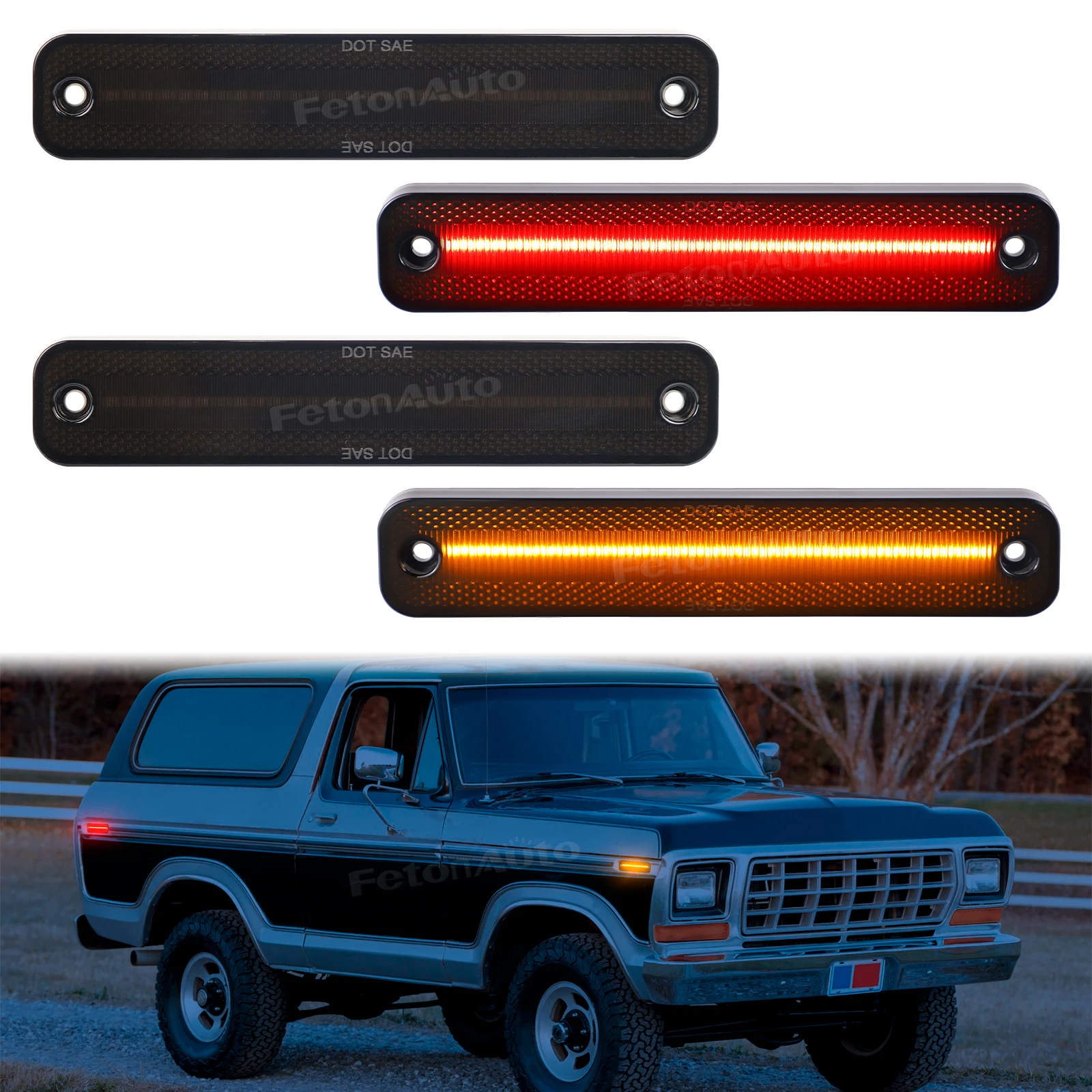 4pcs Amber Red LED Turn Signal Flowing Front&Rear Side Marker Repeater Indicator Light  Fender  For Ford Bronco 1978-1979