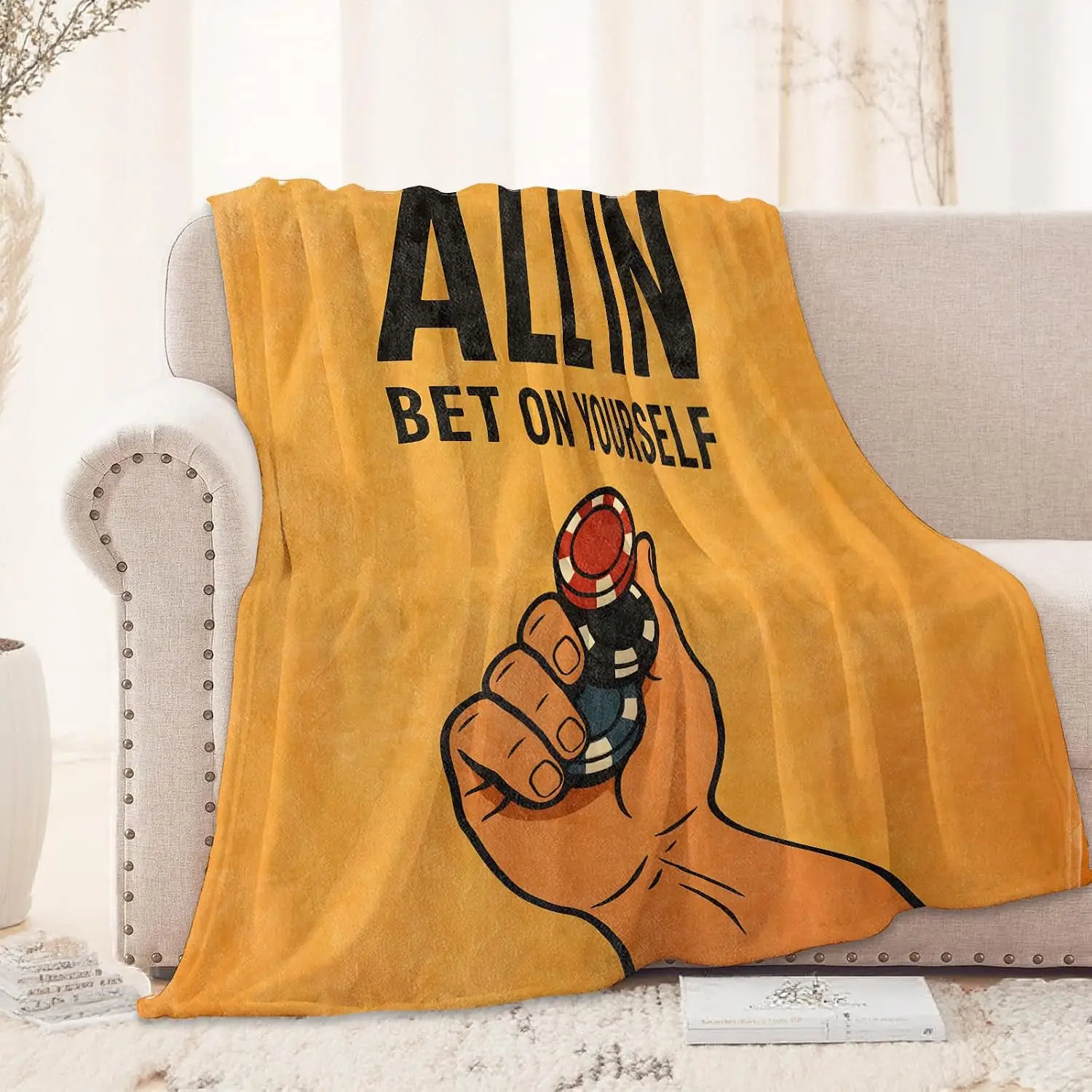 Flannel Throw Blanket Poker Chips All In Casino Theme Polyester Cozy Blanket for Living Room Decor Gift Betting Game