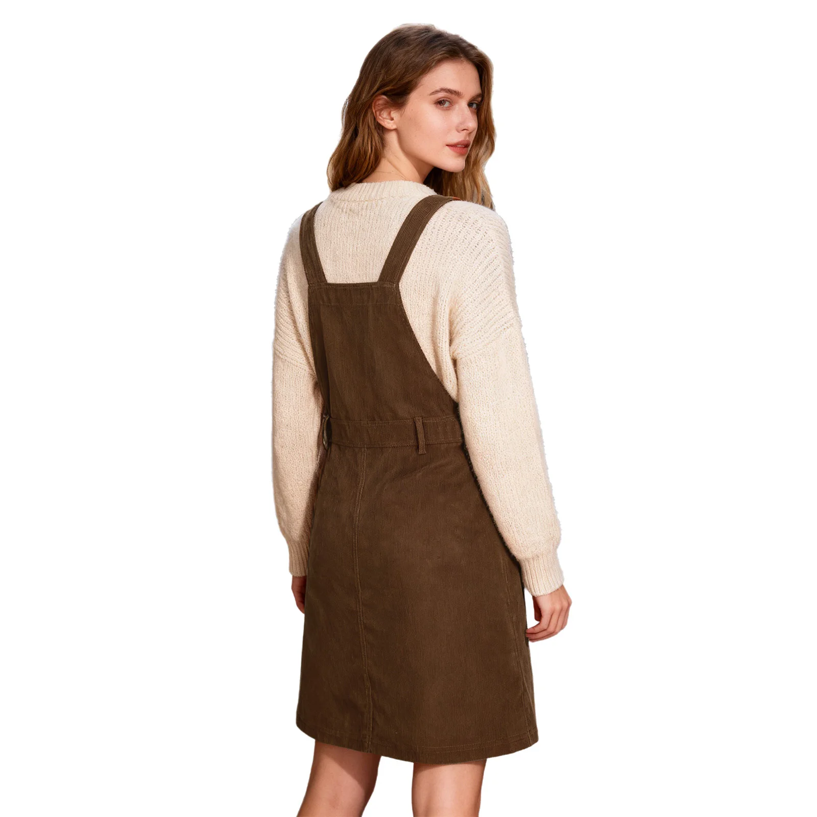 Womens Corduroy Overall Dress Adjustable Shoulder Straps Side Button Flap Pockets Pinafore Dress for Daily Casual Shopping