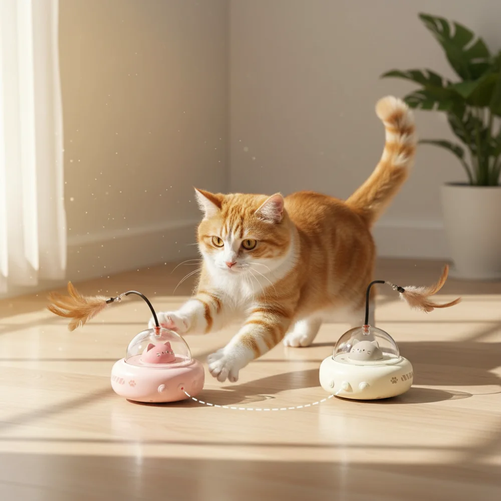 Smart UFO Cat Toy with Laser & Feathers: Automatic Rotating Laser for Self-Play & Boredom Relief-Interactive Toy for Lazy Parent