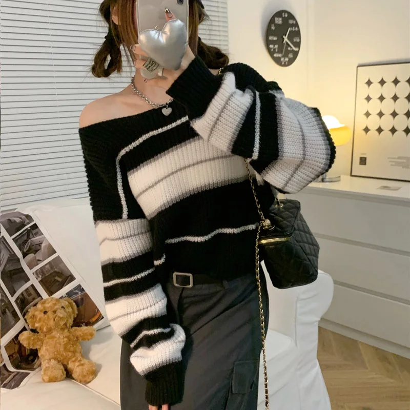 

Women Clothing Fashion Chic Loose Warm Sweaters Autumn Winter Commute Vintage Striped O-neck Casual Wool Knitted Pullovers