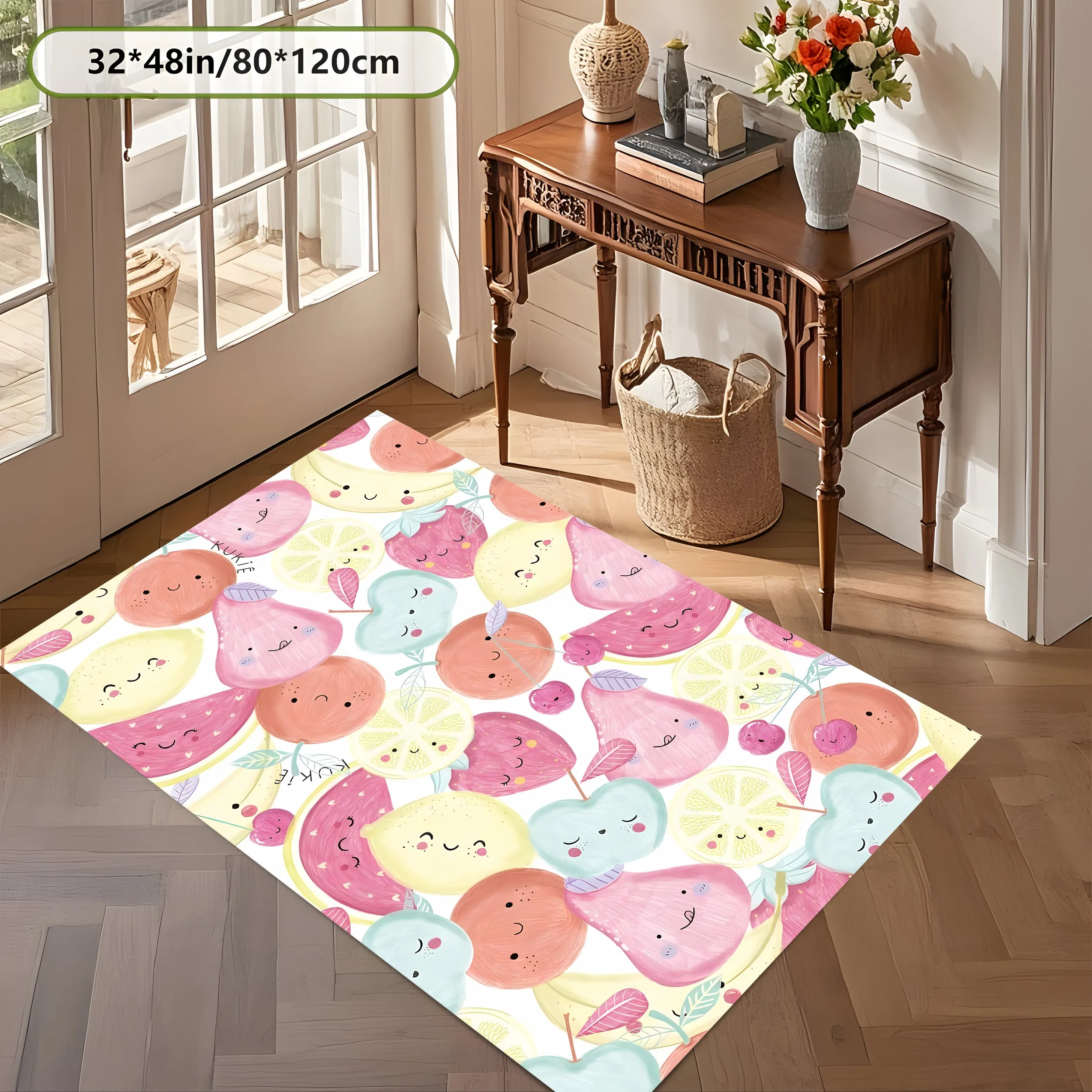 2D Large Carpet Playful Smiley Fruit Print Sweet Soothing for Living Room Bedroom Bedside