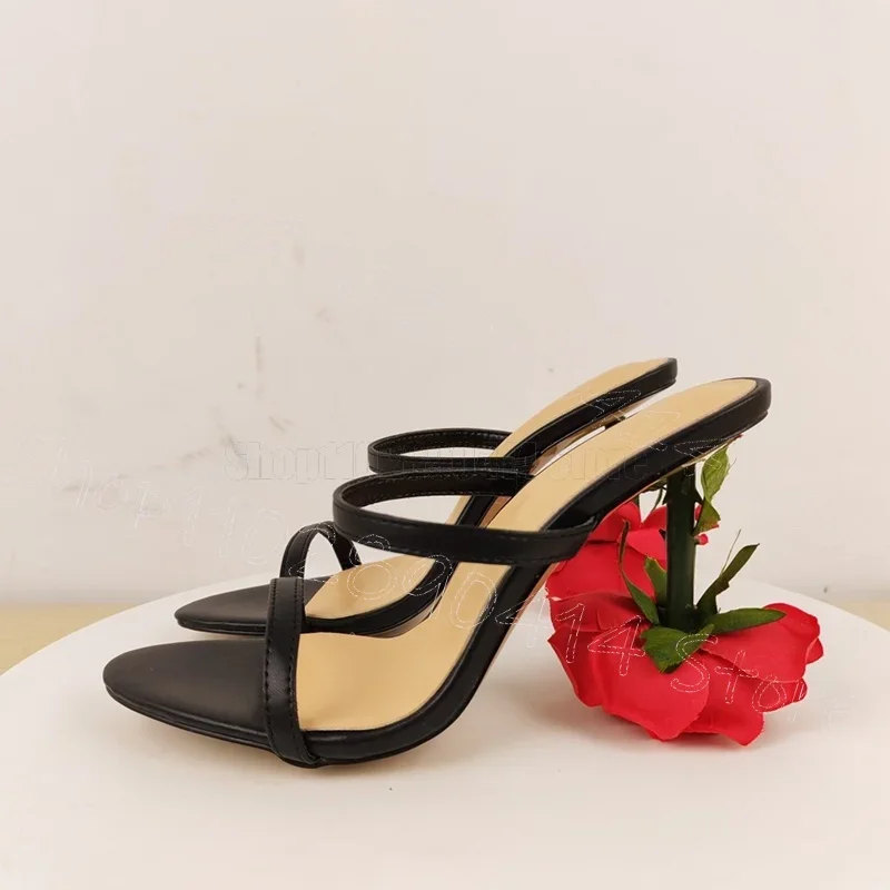 

Black Open Toe Rose Flower Heel Slippers Slip On Women Shoes Strange Style Heel Fashion Party Banquet 2025 Zapatos Para Mujere