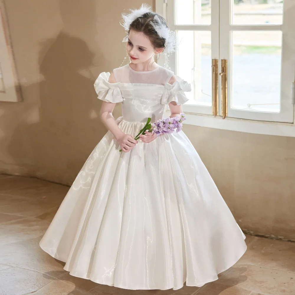 Elegant White Girls Birthday Formal Gown Luxury Princess Dress for Banquet Host Piano Recital Wedding Flower Girl Occasion