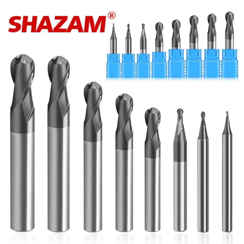 SHAZAM 1.0mm-12.0mm 11-Piece-Set Tungsten Steel Ball Nose Milling Cutter HRC50 2-Flute Carbide Endmill CNC Machining Tools