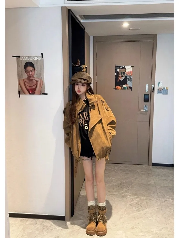 Jaqueta Retrô Feminina de Trabalho, Colete Estilo Biker Solto e Moderno para Outono/Inverno, Casaco Curto Abotoado Casual que Modela a Silhueta