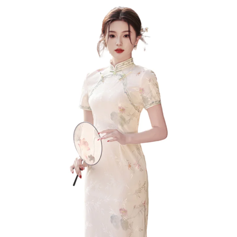 Lotus Print Lace Clothing Composite Jacquard Long Elegant Cheongsam Stand Collar Short Sleeve Side Slit Slim Fit Dress for Women